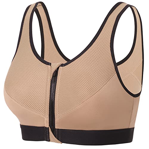 SYROKAN Damen Sport BH Starker Halt - Vorderverschluss Ohne Bügel Und Einlagen für Nach Brust OP Fitness Lauf Yoga Kamel 80G von SYROKAN
