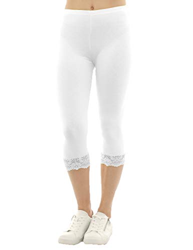 Damen Capri 3/4 Leggings Spitze Baumwolle Hose Weiss L von SYS