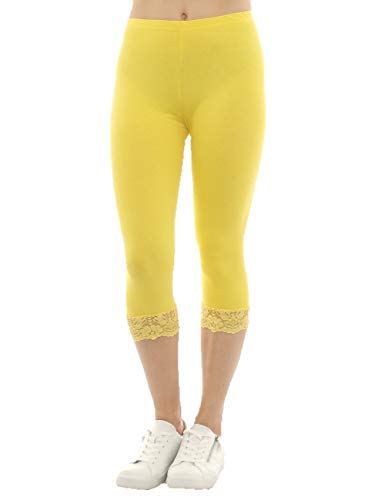 Damen Capri 3/4 Leggings Spitze Baumwolle Hose gelb L von SYS