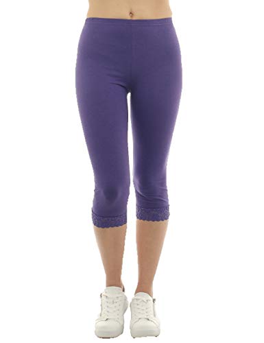 Damen Capri 3/4 Leggings Spitze Baumwolle Hose violett L von SYS