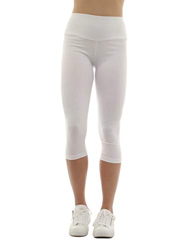 SYS Damen Capri 3/4 Leggings hoher Bund Taschen Hose Baumwolle Weiss XL von SYS