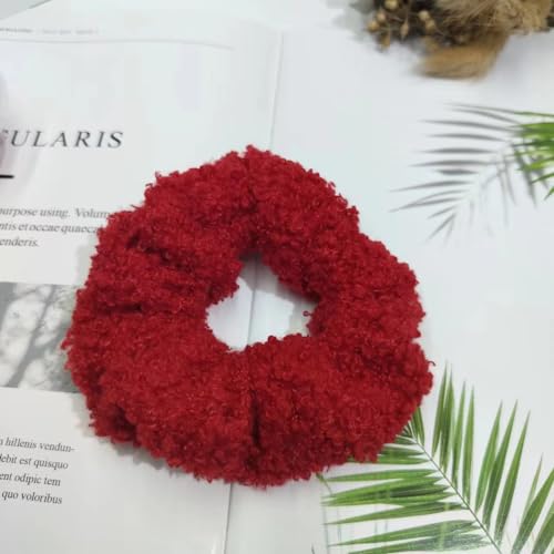 10 Stücke Haargummi Scrunchie aus Kunstfell,Plüsch Haargummis Elastische Baby Scrunchies Flauschig Haarband Pompon Stirnbänder Pferdeschwanz Halter Zubehör Haarschmuck für Frauen Mädchen -Rot von SYSUII