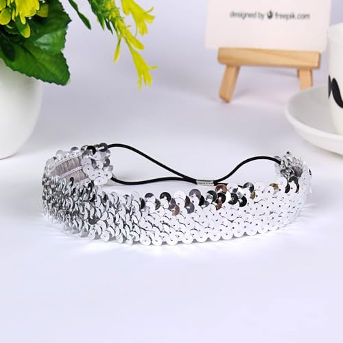 5 STÜCKE Pailletten Stirnband, Elastisch Glänzend Glitzer Haarbänder Pailletten Stirnbänder Haar Kopfbedeckung für Frauen und Mädchen Für Damen,Teenager,Sport, Tanz,Party,Teams -Silber von SYSUII