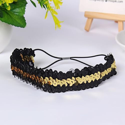 5 STÜCKE Pailletten Stirnband, Elastisch Glänzend Glitzer Haarbänder Pailletten Stirnbänder Haar Kopfbedeckung für Frauen und Mädchen Für Damen,Teenager,Sport, Tanz,Party,Teams -schwarz gold von SYSUII