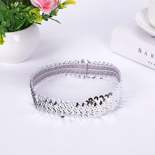 6 Stücke Pailletten Stirnband,Elastisch Glitzer Haarbänder für Damen Mädchen Modisch Kopfschmuck Haarreif Haar Kopfbedeckung Meerjungfrau Party Dekoration Dünnes Stretch Stirnband -Silber von SYSUII