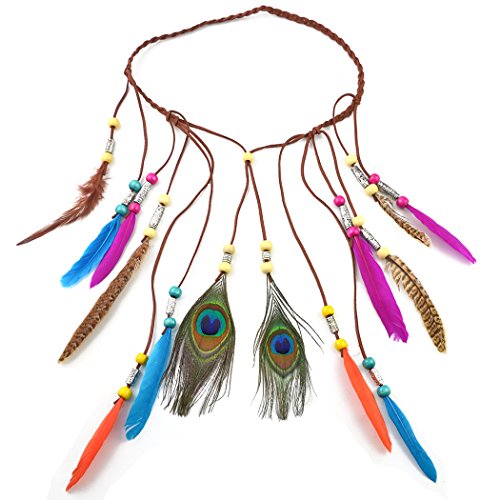 Boho Feder Haarband Perlen Feder Quaste Stirnband Hippie Boho Indianer Stirnband Feder Stirnbänder indianisch Bohemian Haarschmuck Für Frauen Und Mädchen für Abendkleider Halloween Karneval von SYSUII