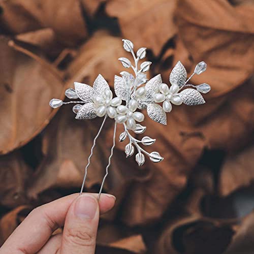 Braut Hochzeit Blume Haarnadeln,Blumen Blätter Perlen Braut Haarschmuck U-förmig Hochzeit Haarspangen Haare Hochzeit Haarspangen Haarklammer Brautschmuck für Braut Brautjungfer Frauen Mädchen -Silber von SYSUII