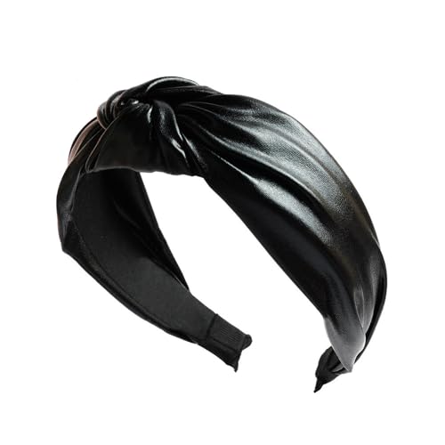 SYSUII 1 Stück Damen Haarreif mit Knoten - Breiter Haarreif Metallicfarbe PU Leder Retro Stirnband Elastische Stirnbänder Vintage Haarband Kopfband Kopfbedeckung für Frauen Mädchen -Schwarz von SYSUII