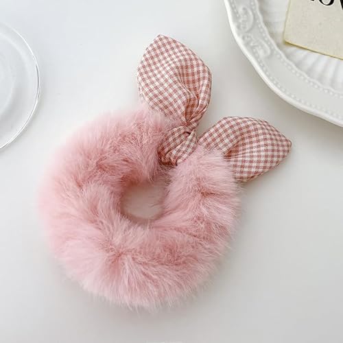 SYSUII 10 Stück Haargummis aus Kunstfell, Pelziges Elastisches Krawatten Haarband Pferdeschwanzhalter Flauschiger Haarband Scrunchie Pom Pom Stirnbänder Haarschmuck für Frauen Mädchen Kinder - Rosa von SYSUII