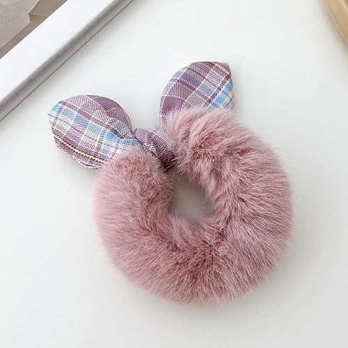 SYSUII 10 Stück Kunstpelz Haargummis,Gitter Krawatte Haargummis Pferdeschwanzhalter Flauschige Elastische Haargummis Haarband Pom Pom Stirnbänder Haarschmuck für Frauen Mädchen Kinder -Rosa von SYSUII