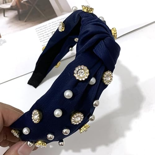 SYSUII 2 Stück Stirnbänder für Damen -Haarreif Geflochten mit perlen Damen Vintage Breite Haarreifen Stirnband Kopfband Vintage Strass Elastisches Haarband Haarschmuck für Mädchen Frauen -Navy blau von SYSUII
