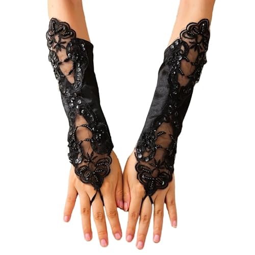 Spitze Hochzeit Handschuhe,Blume Braut Fingerlose Handschuhe Lange Handschuhe Hochzeitshandschuhe Sommer Sonnenschutz Handchuhe Brauthandschuhe für Hochzeit, Abschlussball, Party-Schwarz von SYSUII