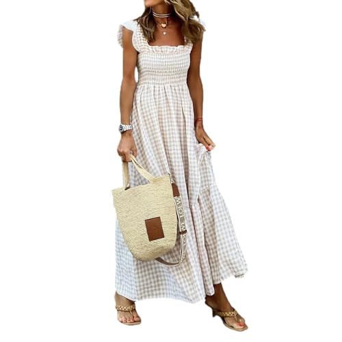 SYSZSYHD Retro-Kariertes, gesmoktes Brustkleid für Damen, Langes Maxikleid mit Volants und Spaghettiträgern, Sommerliches, gesmoktes Freizeitkleid (A,L) von SYSZSYHD