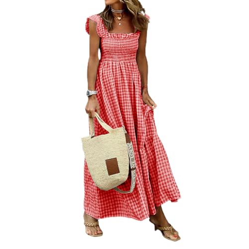 SYSZSYHD Retro-Kariertes, gesmoktes Brustkleid für Damen, Langes Maxikleid mit Volants und Spaghettiträgern, Sommerliches, gesmoktes Freizeitkleid (B,M) von SYSZSYHD
