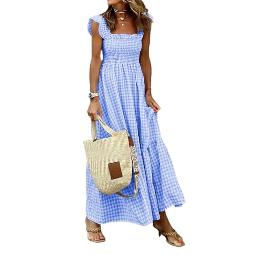 SYSZSYHD Retro-Kariertes, gesmoktes Brustkleid für Damen, Langes Maxikleid mit Volants und Spaghettiträgern, Sommerliches, gesmoktes Freizeitkleid (D,L) von SYSZSYHD