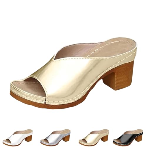 Damen-Sandalen mit Plateausohle und klobigem Absatz, niedrigem Blockabsatz, Pantoletten mit offener Zehenpartie, lässige Slipper, Elegante Sommersandalen(Gold,38 EU) von SYT-MD