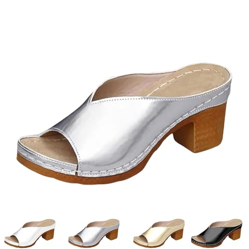 Damen-Sandalen mit Plateausohle und klobigem Absatz, niedrigem Blockabsatz, Pantoletten mit offener Zehenpartie, lässige Slipper, Elegante Sommersandalen(Silver,40 EU) von SYT-MD