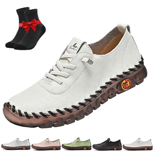 Damen-Sneaker aus Leder, Laufschuhe for Schnüren, Slipper mit weicher Sohle, rutschfeste Lauf-Sneaker(White,40 EU) von SYT-MD