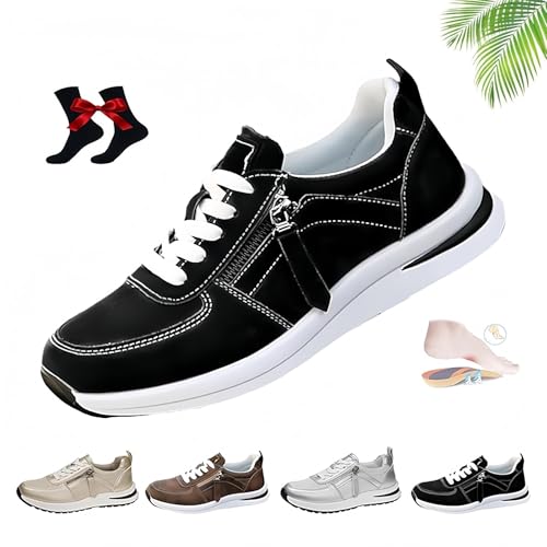 Damen-Tennisschuhe mit Reißverschluss und Plateau, Keil-Sneakers, Bequeme, atmungsaktive Wanderschuhe, orthopädische Schuhe for Damen(Black,37 EU) von SYT-MD