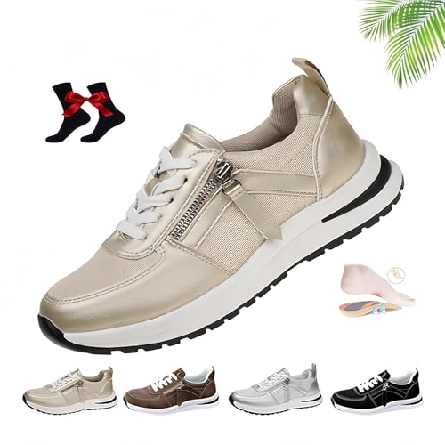 Damen-Tennisschuhe mit Reißverschluss und Plateau, Keil-Sneakers, Bequeme, atmungsaktive Wanderschuhe, orthopädische Schuhe for Damen(Golden,36 EU) von SYT-MD
