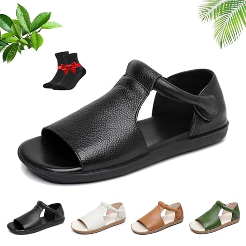 Damensandalen aus echtem Leder mit offener Spitze, Bequeme, rutschfeste Strand-Wanderschuhe, orthopädische Sommersandalen(Black,41 EU) von SYT-MD