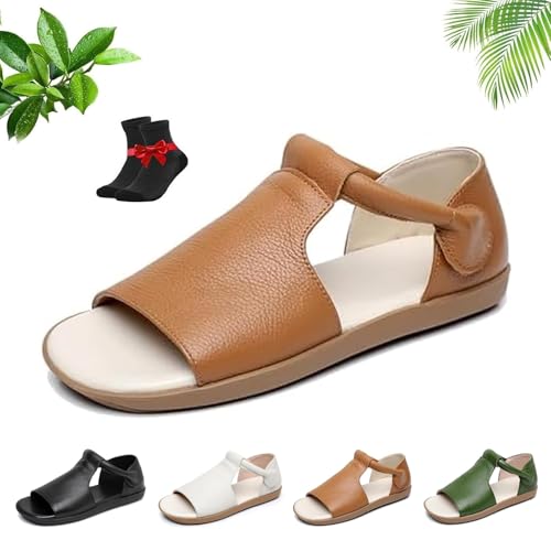 Damensandalen aus echtem Leder mit offener Spitze, Bequeme, rutschfeste Strand-Wanderschuhe, orthopädische Sommersandalen(Brown,41 EU) von SYT-MD