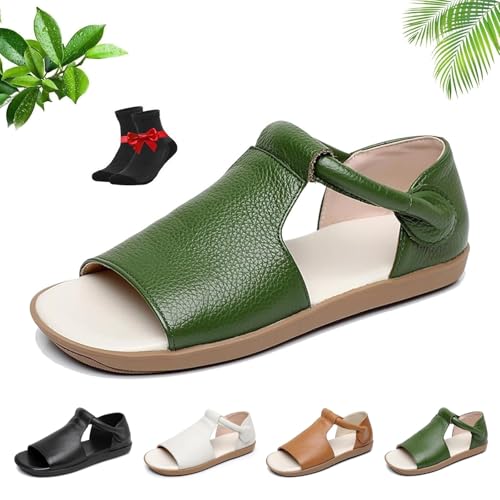 Damensandalen aus echtem Leder mit offener Spitze, Bequeme, rutschfeste Strand-Wanderschuhe, orthopädische Sommersandalen(Green,38 EU) von SYT-MD