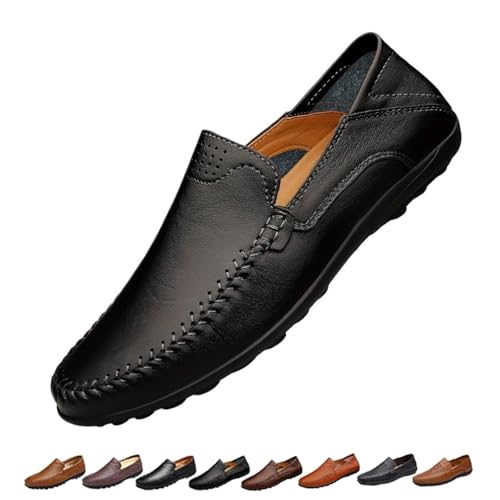 Mens Slip On Leather Loafers, Wide Fit Flat Walking Loafer Shoes, Anti-Slip Driving Moccasins(Black,43 EU) von SYT-MD
