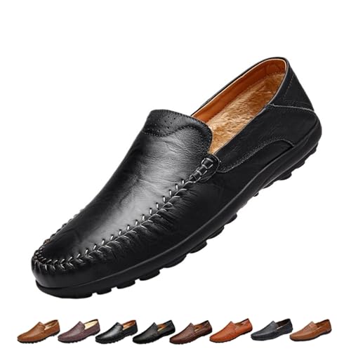 Mens Slip On Leather Loafers, Wide Fit Flat Walking Loafer Shoes, Anti-Slip Driving Moccasins(Black Fleece,38 EU) von SYT-MD
