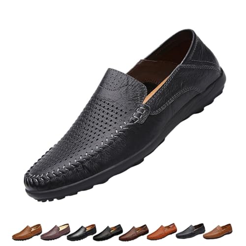Mens Slip On Leather Loafers, Wide Fit Flat Walking Loafer Shoes, Anti-Slip Driving Moccasins(Black Hollow,40 EU) von SYT-MD