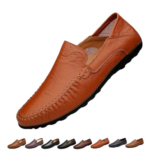 Mens Slip On Leather Loafers, Wide Fit Flat Walking Loafer Shoes, Anti-Slip Driving Moccasins(Brown,42 EU) von SYT-MD