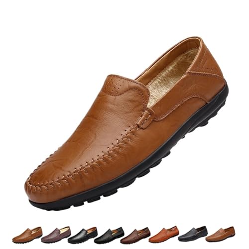 Mens Slip On Leather Loafers, Wide Fit Flat Walking Loafer Shoes, Anti-Slip Driving Moccasins(Brown Fleece,43 EU) von SYT-MD