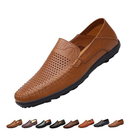 Mens Slip On Leather Loafers, Wide Fit Flat Walking Loafer Shoes, Anti-Slip Driving Moccasins(Brown Hollow,40 EU) von SYT-MD