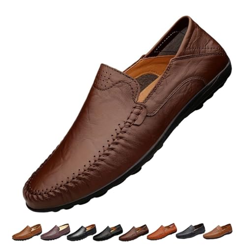 Mens Slip On Leather Loafers, Wide Fit Flat Walking Loafer Shoes, Anti-Slip Driving Moccasins(Dark Brown,40 EU) von SYT-MD
