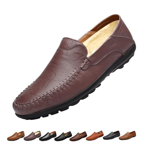 Mens Slip On Leather Loafers, Wide Fit Flat Walking Loafer Shoes, Anti-Slip Driving Moccasins(Dark Brown Fleece,44 EU) von SYT-MD