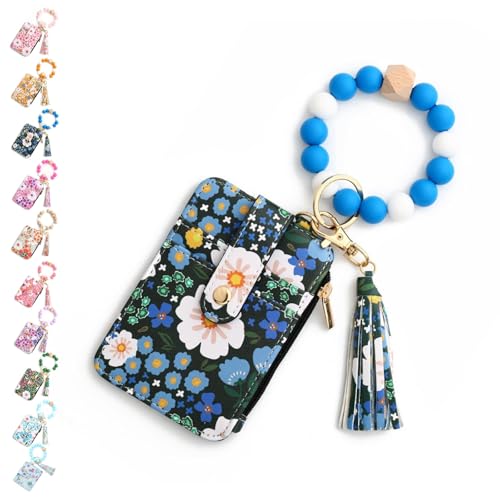 SYT-MD Damen-Brieftasche mit Perlen im Boho-Stil, Schlüsselanhänger-Brieftasche mit Perlenquaste im Boho-Stil, Vintage-Schlüsselanhänger-Kartenhalter mit Blumenmuster(Dark Blue) von SYT-MD
