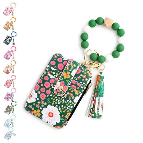 SYT-MD Damen-Brieftasche mit Perlen im Boho-Stil, Schlüsselanhänger-Brieftasche mit Perlenquaste im Boho-Stil, Vintage-Schlüsselanhänger-Kartenhalter mit Blumenmuster(Green) von SYT-MD