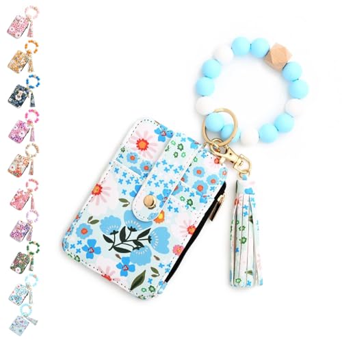 SYT-MD Damen-Brieftasche mit Perlen im Boho-Stil, Schlüsselanhänger-Brieftasche mit Perlenquaste im Boho-Stil, Vintage-Schlüsselanhänger-Kartenhalter mit Blumenmuster(Light Blue) von SYT-MD