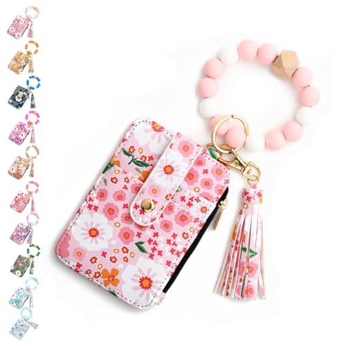SYT-MD Damen-Brieftasche mit Perlen im Boho-Stil, Schlüsselanhänger-Brieftasche mit Perlenquaste im Boho-Stil, Vintage-Schlüsselanhänger-Kartenhalter mit Blumenmuster(Light Pink) von SYT-MD