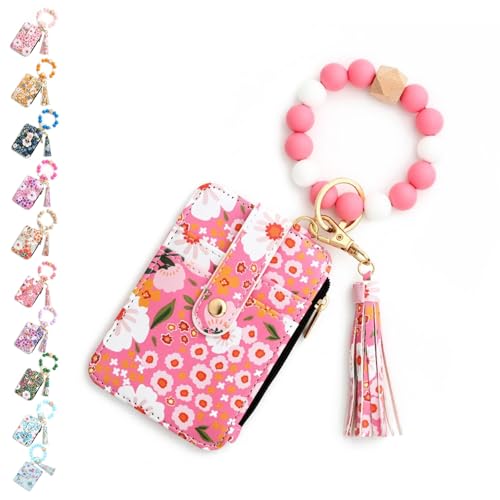 SYT-MD Damen-Brieftasche mit Perlen im Boho-Stil, Schlüsselanhänger-Brieftasche mit Perlenquaste im Boho-Stil, Vintage-Schlüsselanhänger-Kartenhalter mit Blumenmuster(Pink) von SYT-MD