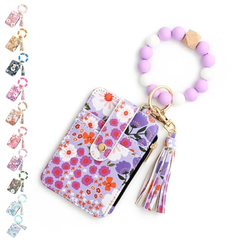 SYT-MD Damen-Brieftasche mit Perlen im Boho-Stil, Schlüsselanhänger-Brieftasche mit Perlenquaste im Boho-Stil, Vintage-Schlüsselanhänger-Kartenhalter mit Blumenmuster(Purple) von SYT-MD