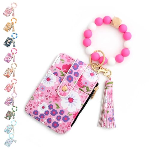 SYT-MD Damen-Brieftasche mit Perlen im Boho-Stil, Schlüsselanhänger-Brieftasche mit Perlenquaste im Boho-Stil, Vintage-Schlüsselanhänger-Kartenhalter mit Blumenmuster(Rose Red) von SYT-MD