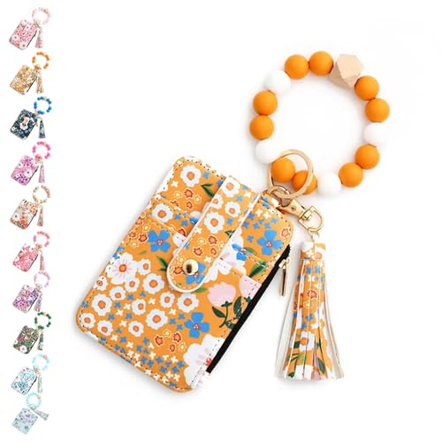 SYT-MD Damen-Brieftasche mit Perlen im Boho-Stil, Schlüsselanhänger-Brieftasche mit Perlenquaste im Boho-Stil, Vintage-Schlüsselanhänger-Kartenhalter mit Blumenmuster(Yellow) von SYT-MD