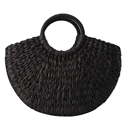 SYT-MD Frauen Handtasche Rattan Wicker Stroh gewebt Halbrunde Tasche Große Kapazität Weibliche Freizeit Reise Strand Tasche Mode Kupplung Taschen (Color : Black) von SYT-MD
