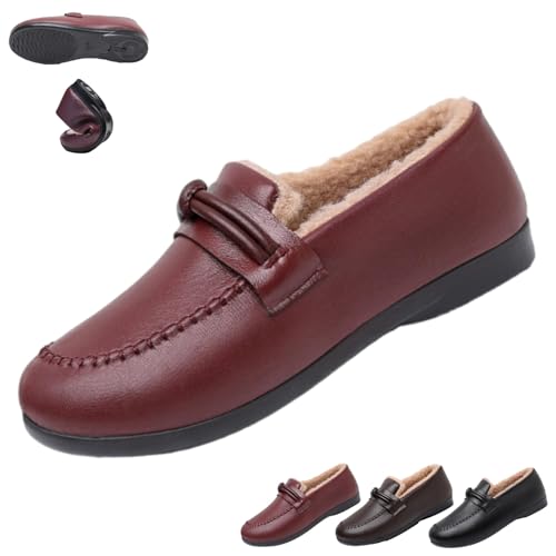 SYT-MD Gemütliche Winter-Loafer for Damen mit Fleecefutter, Mokassins mit weicher Sohle und warmem Plüschfutter, Leichter Komfort, lässig(Red,36 EU) von SYT-MD