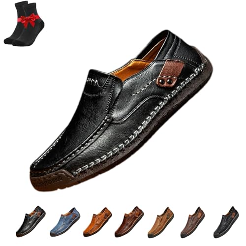SYT-MD Herren-Leder-Loafer, Mokassins, Slip-On-Wanderschuhe, Leder-Sneakers, Flache Autofahrerschuhe, lässige Business-Schuhe(Black,39 EU) von SYT-MD