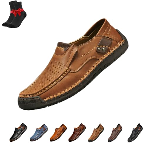 SYT-MD Herren-Leder-Loafer, Mokassins, Slip-On-Wanderschuhe, Leder-Sneakers, Flache Autofahrerschuhe, lässige Business-Schuhe(Brown Hollow,46 EU) von SYT-MD