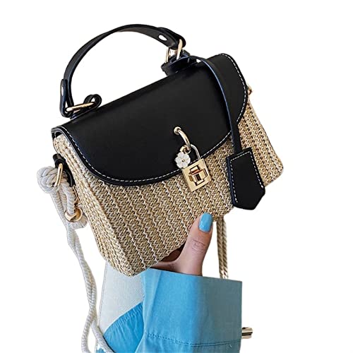 SYT-MD Mode Rattan Damen Umhängetasche Handtasche Wicker Weave Messenger Bag Sommer Strand Strohbeutel (Color : Black) von SYT-MD