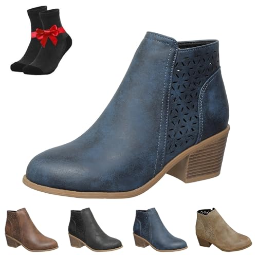 SYT-MD Orthopädische Damen-Stiefeletten aus Leder mit klobigem Mittelabsatz und seitlichem Reißverschluss im Retro-Stil(Blue,36 EU) von SYT-MD