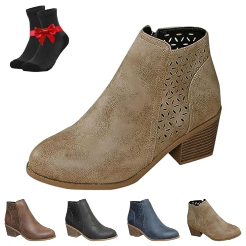 SYT-MD Orthopädische Damen-Stiefeletten aus Leder mit klobigem Mittelabsatz und seitlichem Reißverschluss im Retro-Stil(Khaki,38 EU) von SYT-MD